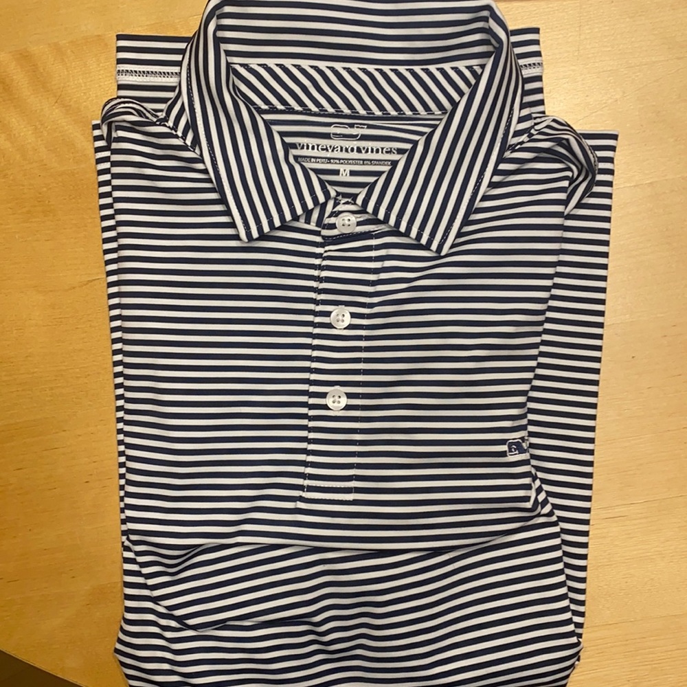 Vineyard Vines Navy and White Striped Medium Polo